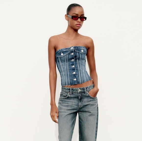 ❌️SOLD❌️CORSET STYLE DENIM TOP TRF SIZE XL - Picture 3 of 12